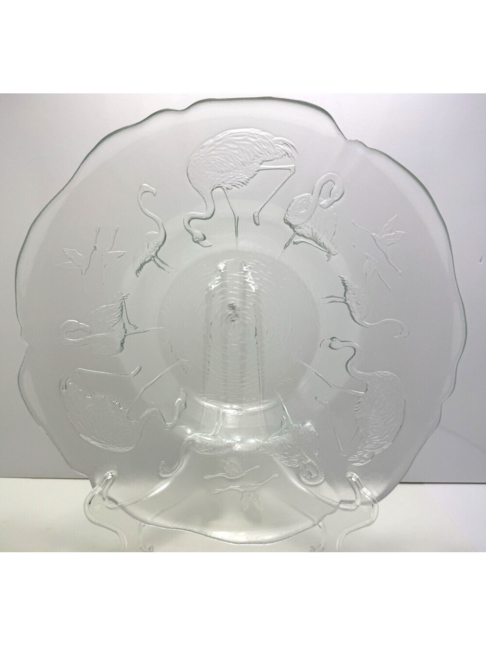 Flamingo Glass Console Fruit Bowl 14” Embossed Frosted Birds Rastal France Beach